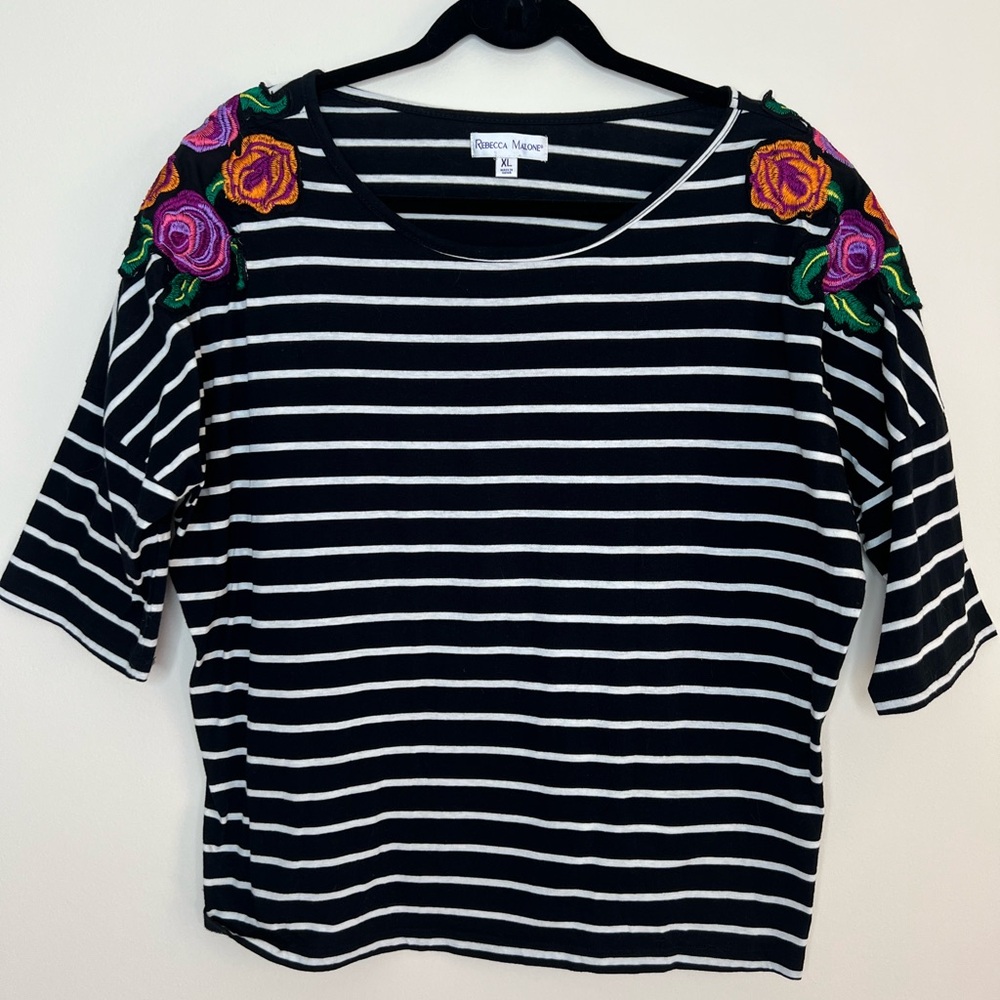 Rebecca Malone Top Black White Striped Multicolor Embroidery Womens XL Casual